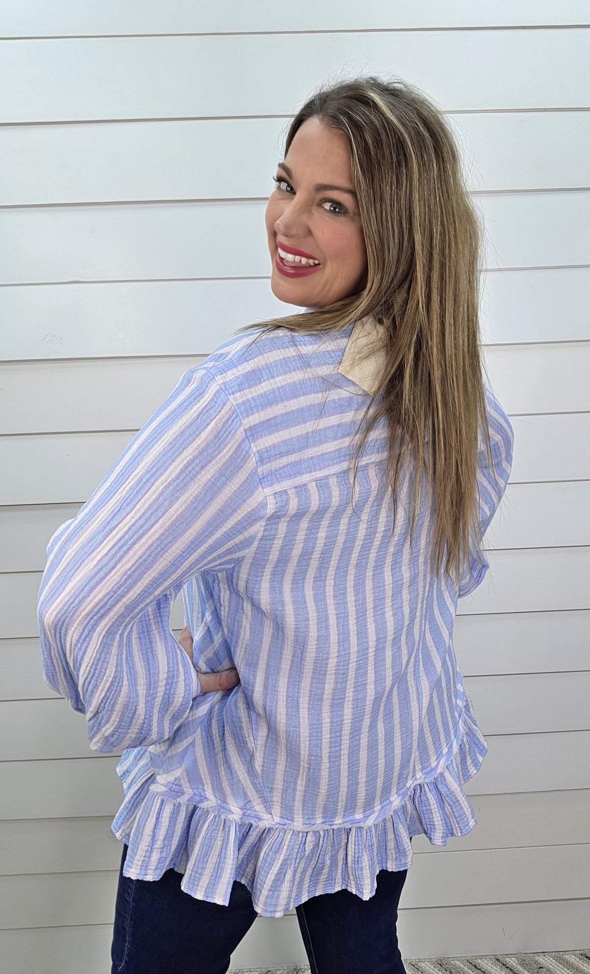 SKY BLUE STRIPED OVERSIZED COTTON GAUZE BUTTON DOWN TOP W/ RUFFLE