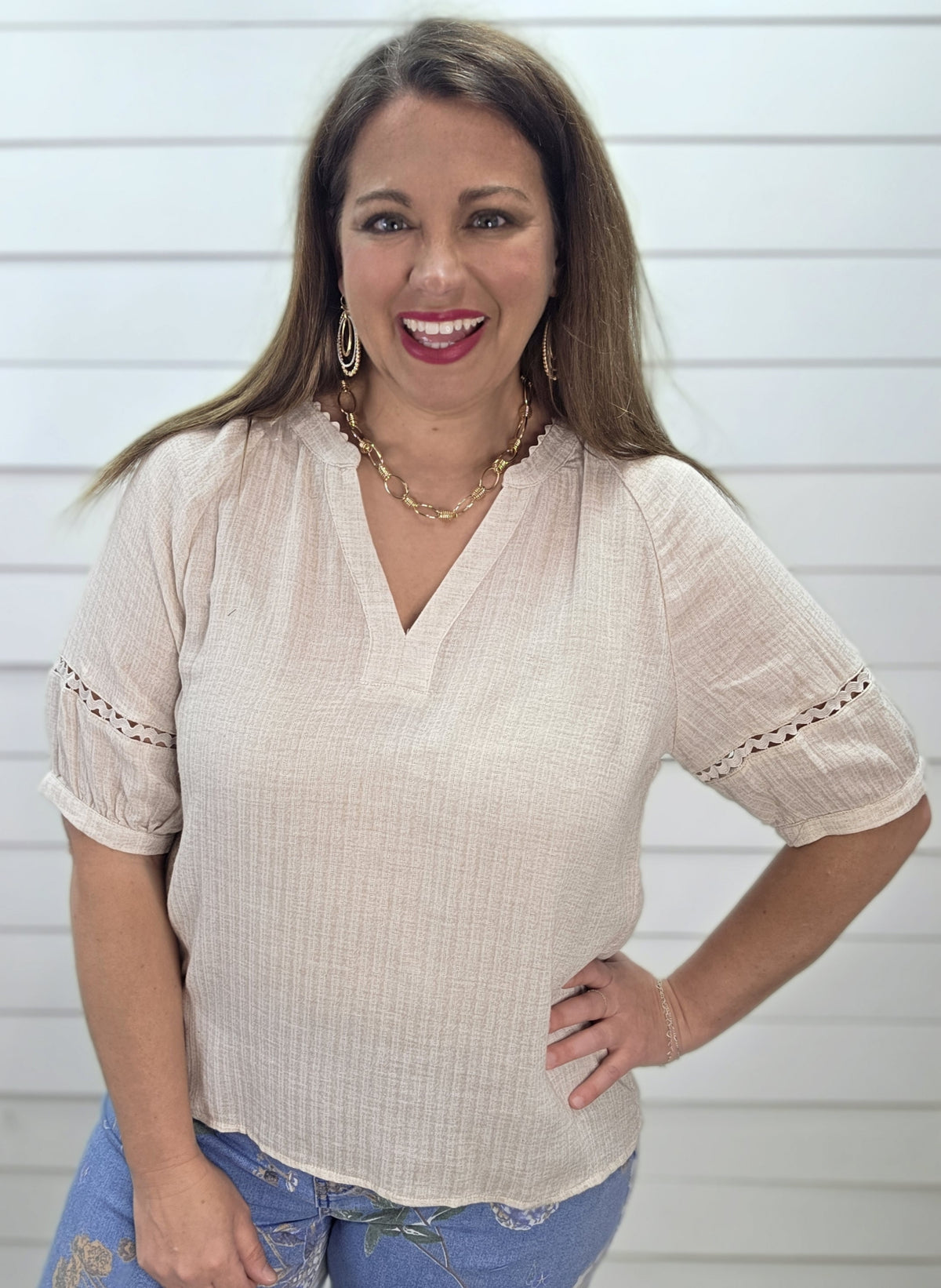 OATMEAL RICRAC TRIM V NECK WOVEN LINEN BLEND TOP