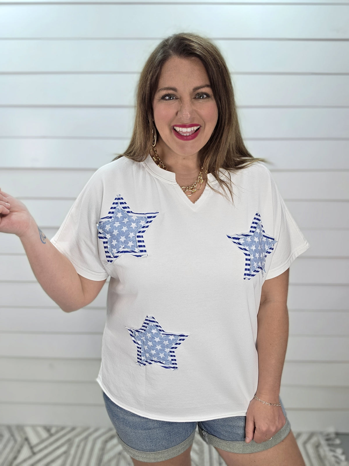 WHITE/STAR CONRAST KNIT TOP