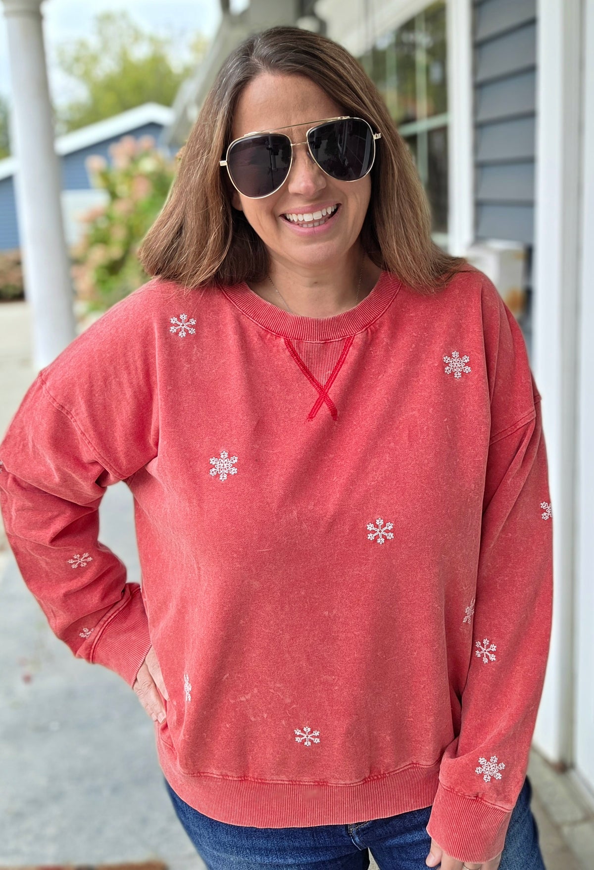 WASHED RED PULLOVER WITH EMBROIDERED SNOWFLAKES