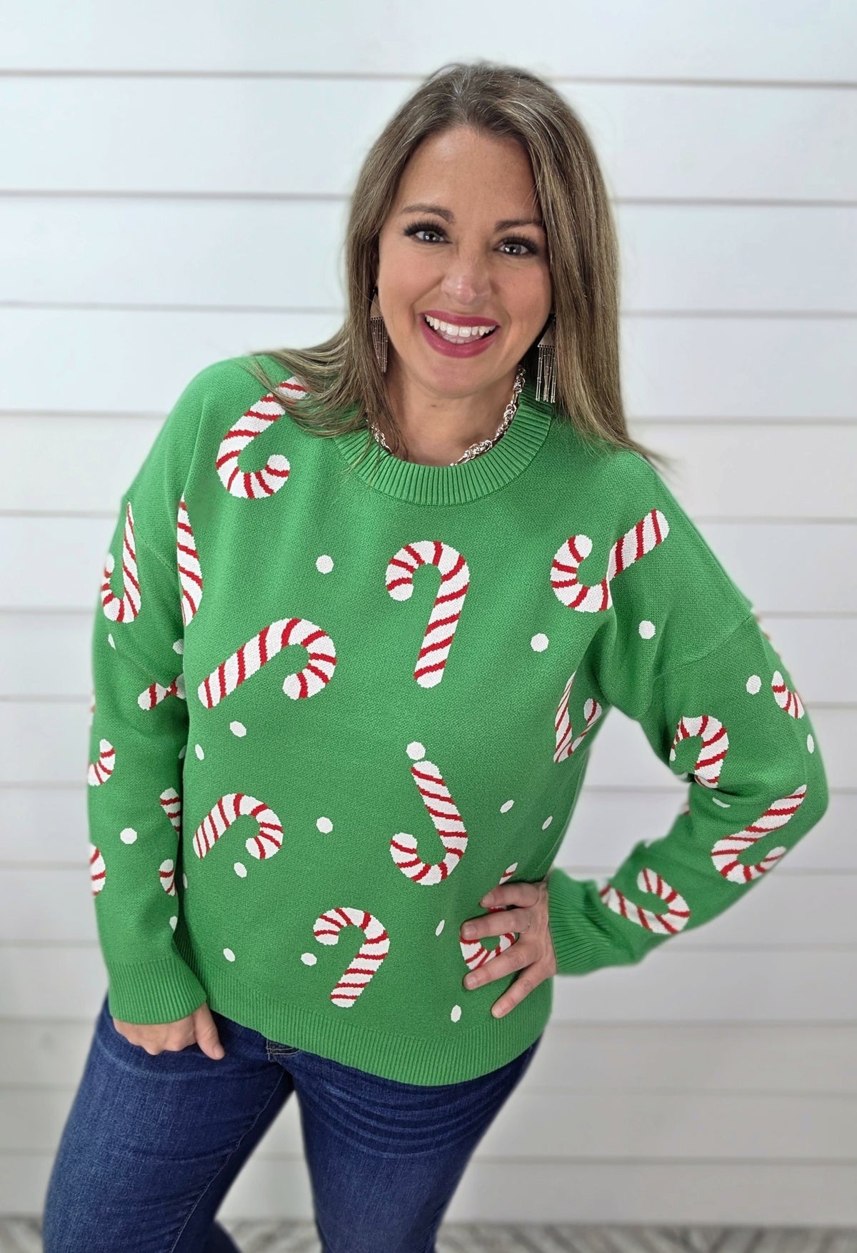GREEN CANDY CANE SWEATER