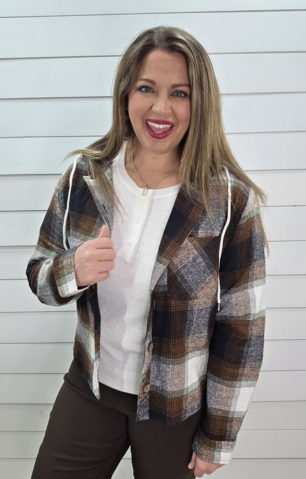 BLACK/BROWN HOODED PLAID HOODED TOP