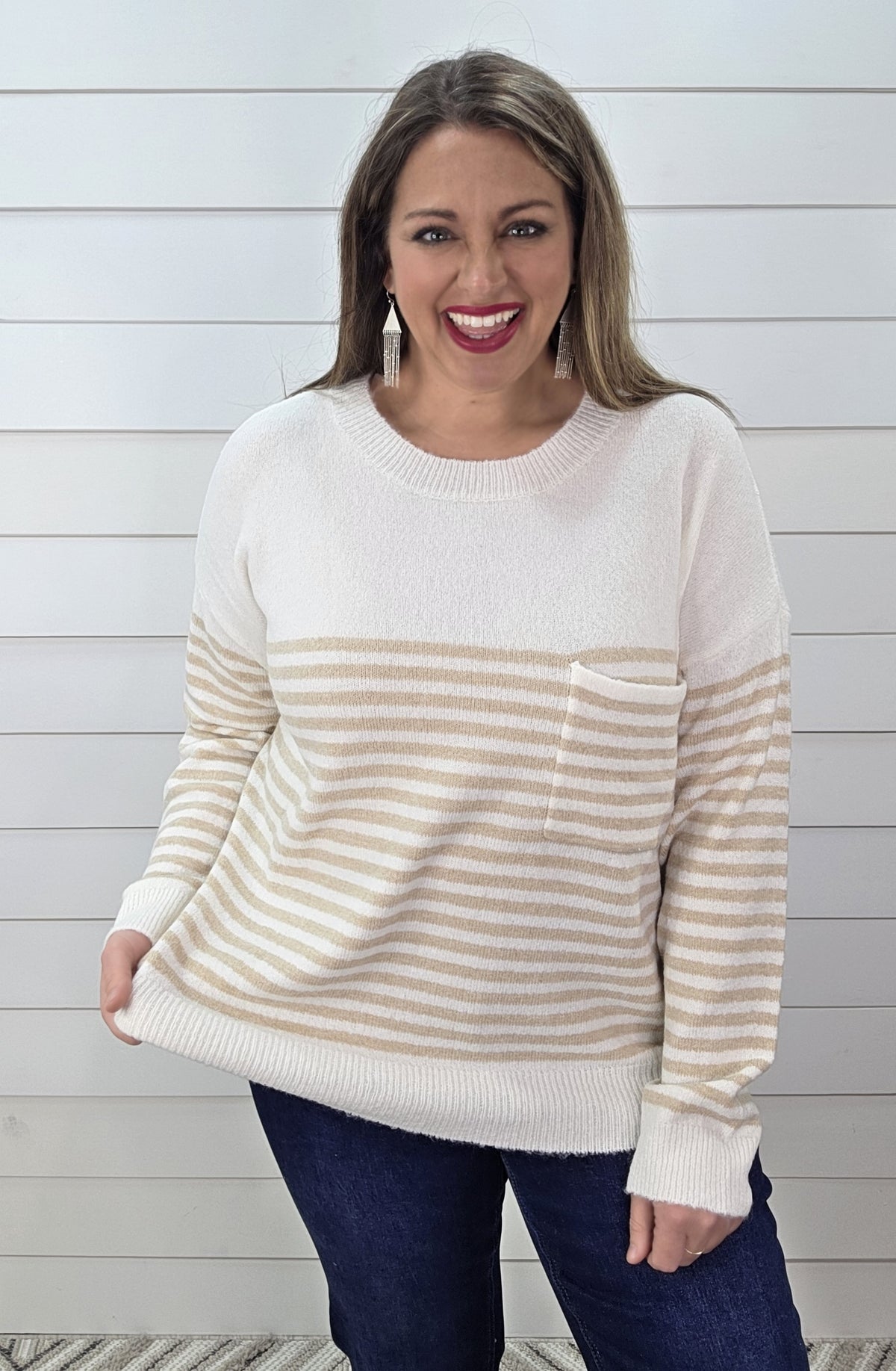 TAUPE/IVORY STRIPED POCKET CREW NECK SWEATER