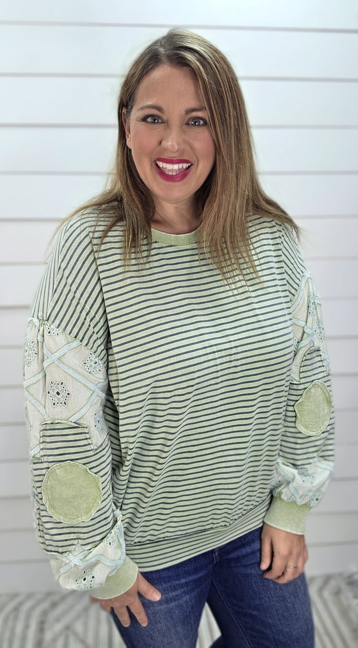 DUSTY SAGE STRIPED KNIT TOP W/ CROCHET AND FLORAL ACCENT SLEEVES
