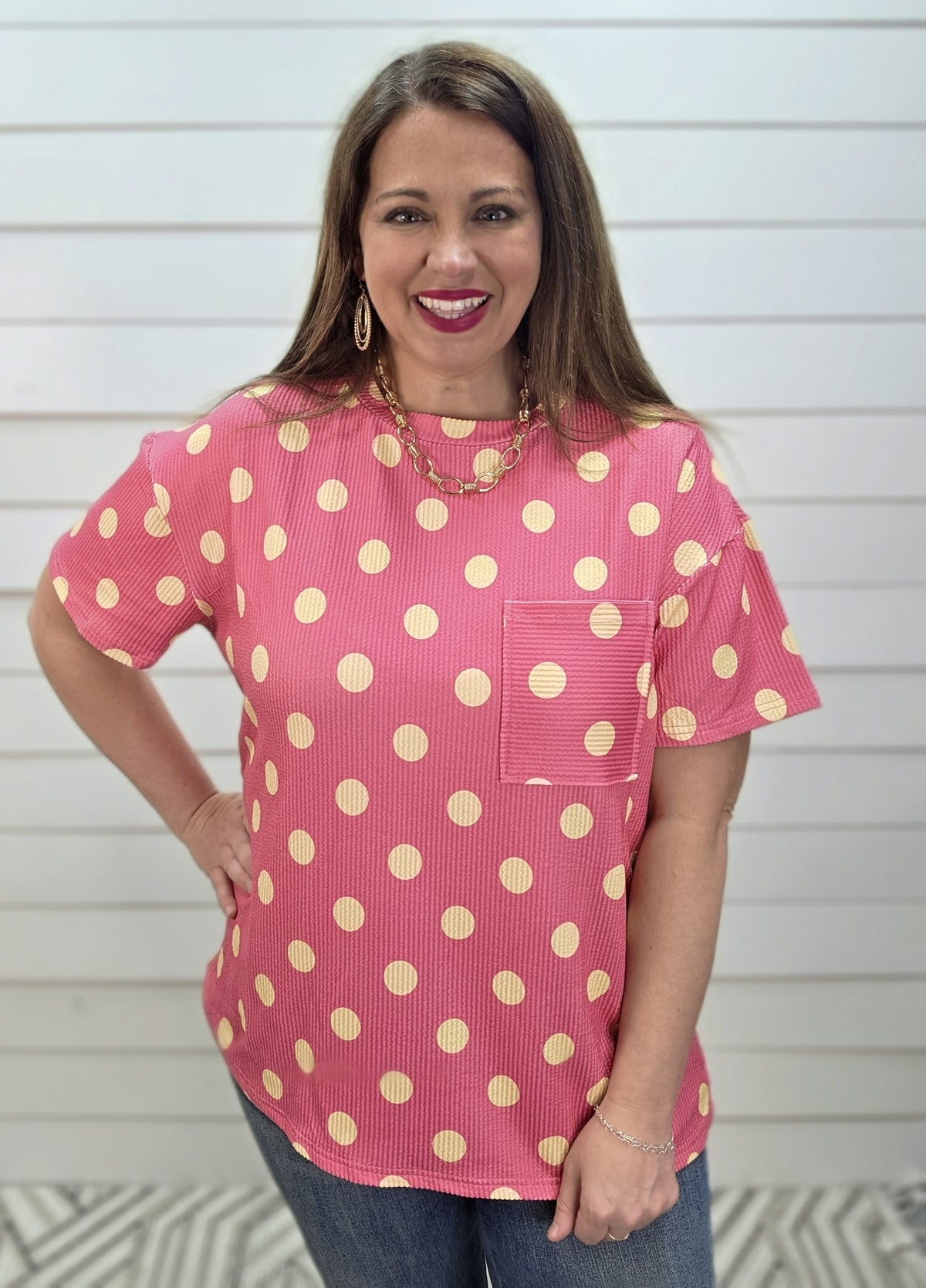 PINK/YELLOW RAISED RIBBED POLKADOT TOP W/ POCKET DETAIL