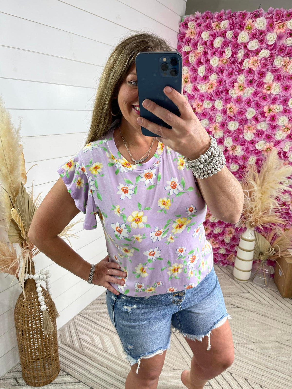 LAVENDER FLORAL ROUND NECK RUFFLE SLEEVE TOP