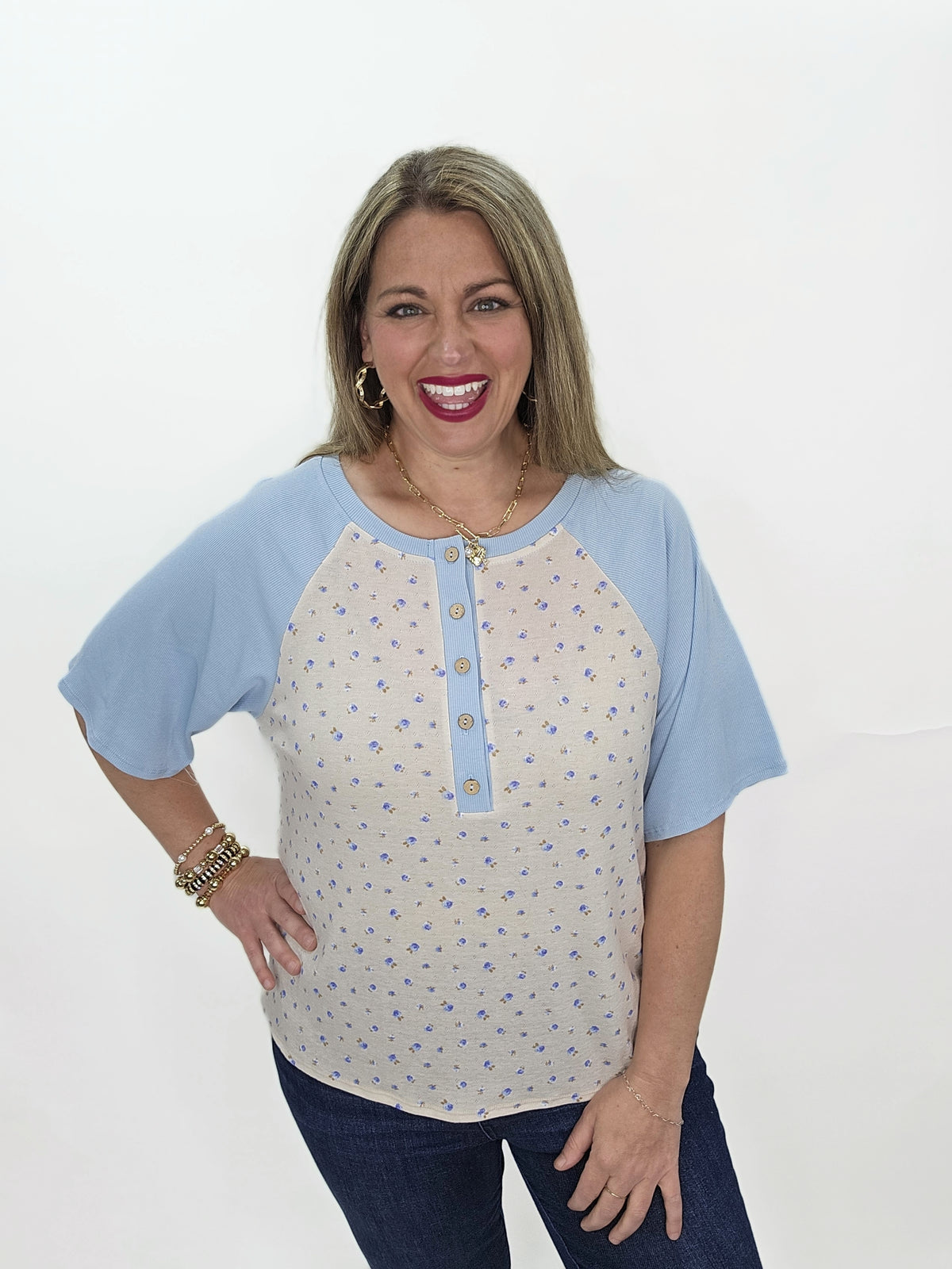 TAUPE/BLUE FLORAL BASEBALL KNIT HENLEY TOP - FINAL SALE