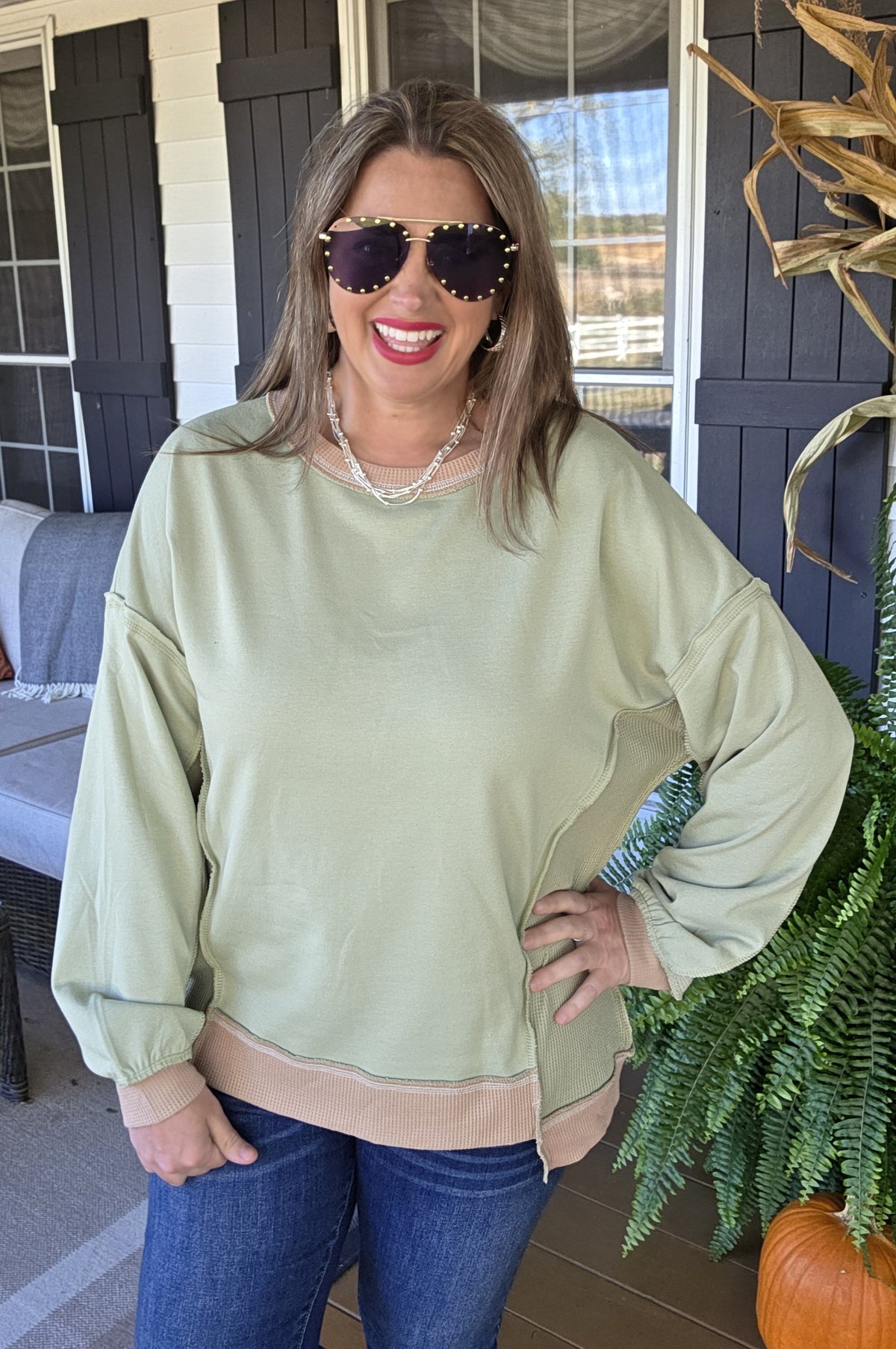 GREEN FRENCH TERRY/WAFFLE TEXTURE KNIT TOP