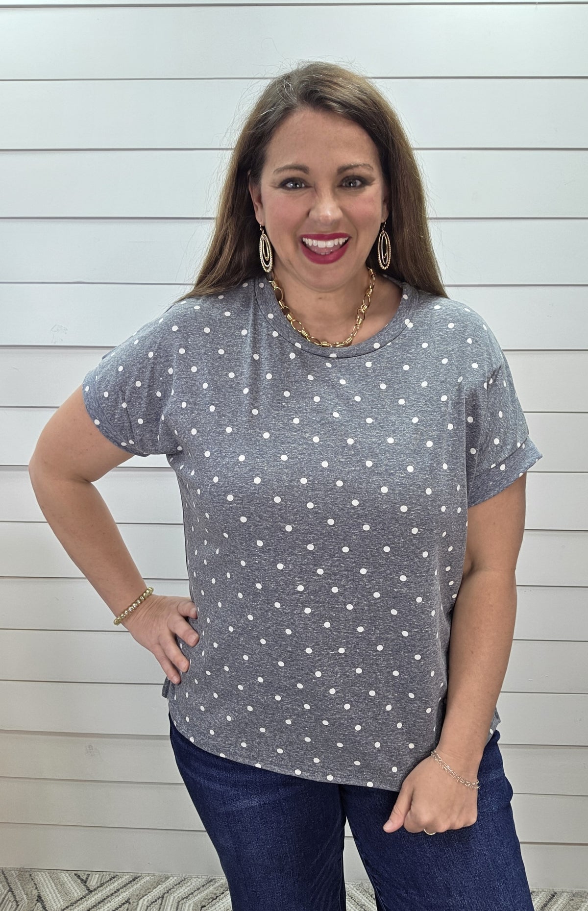 HEATHERED DENIM POLKA DOT KNIT TOP