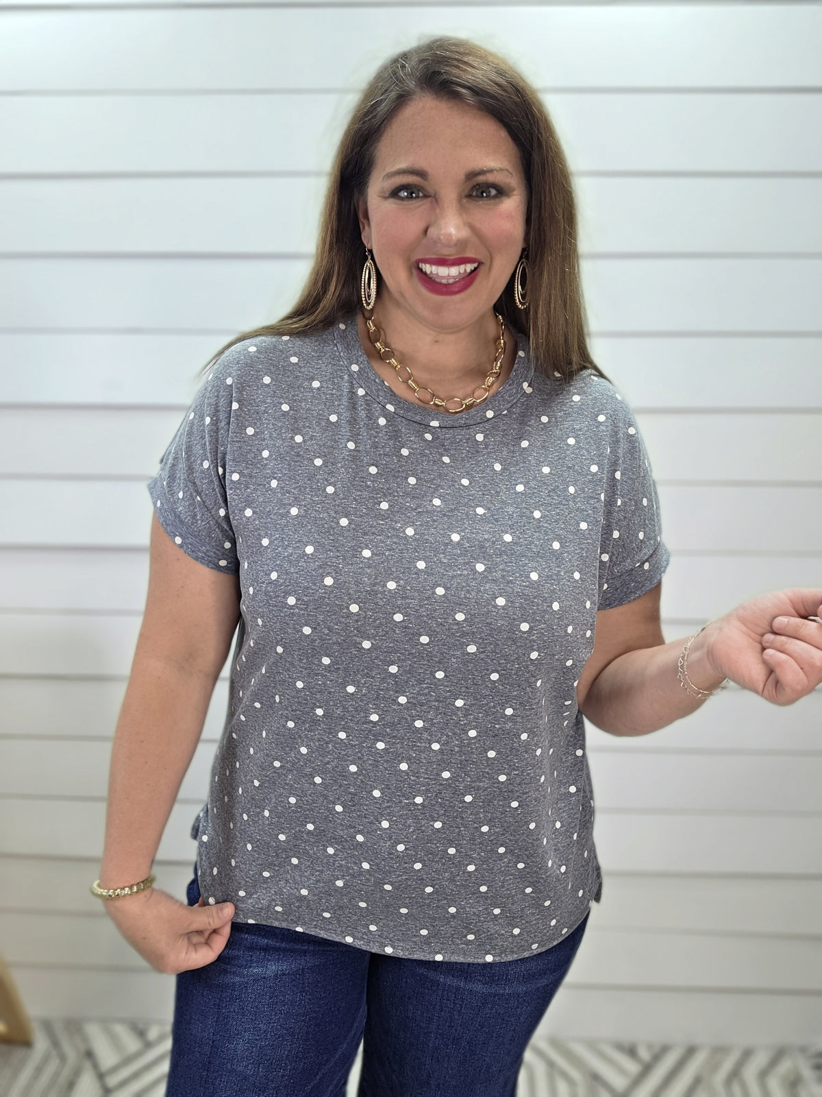HEATHERED DENIM POLKA DOT KNIT TOP