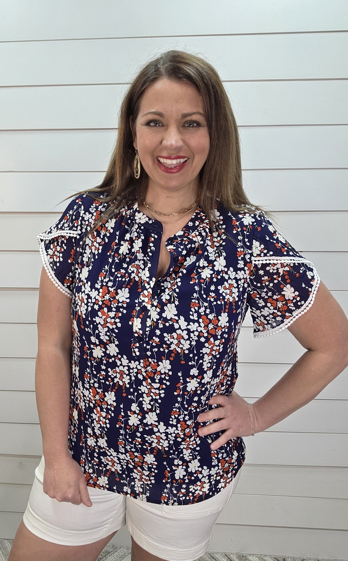 NAVY FLORAL LACE TRIM WOVEN TOP