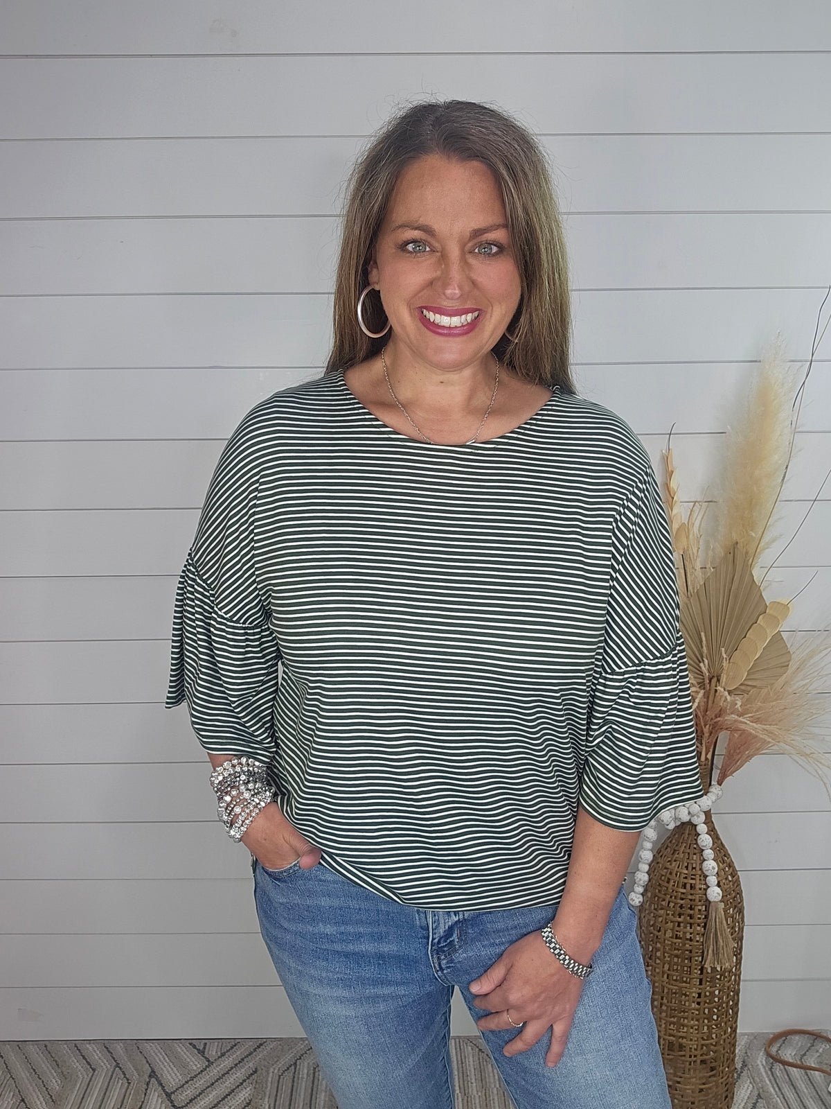 OLIVE STRIPED DROP SHOULDER BUTTER SOFT TOP