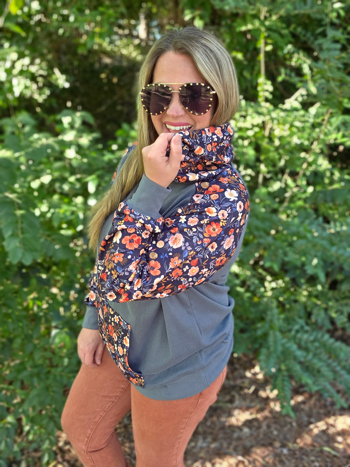 CHARCOAL FLORAL CONTRAST BUTTER SOFT HOODIE