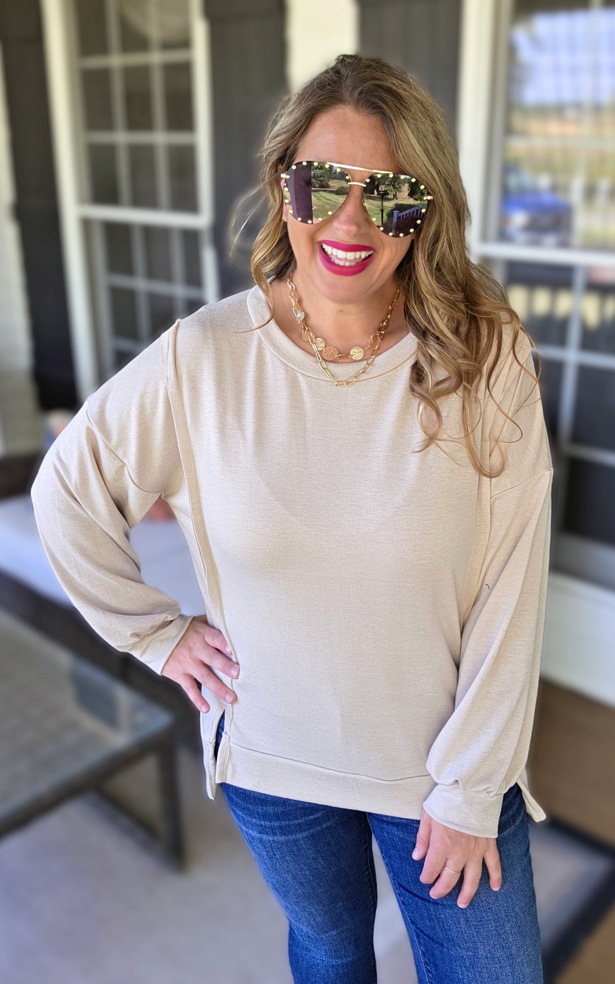 OATMEAL LOOSE FIT SIDE SLIT FRENCH TERRY TOP