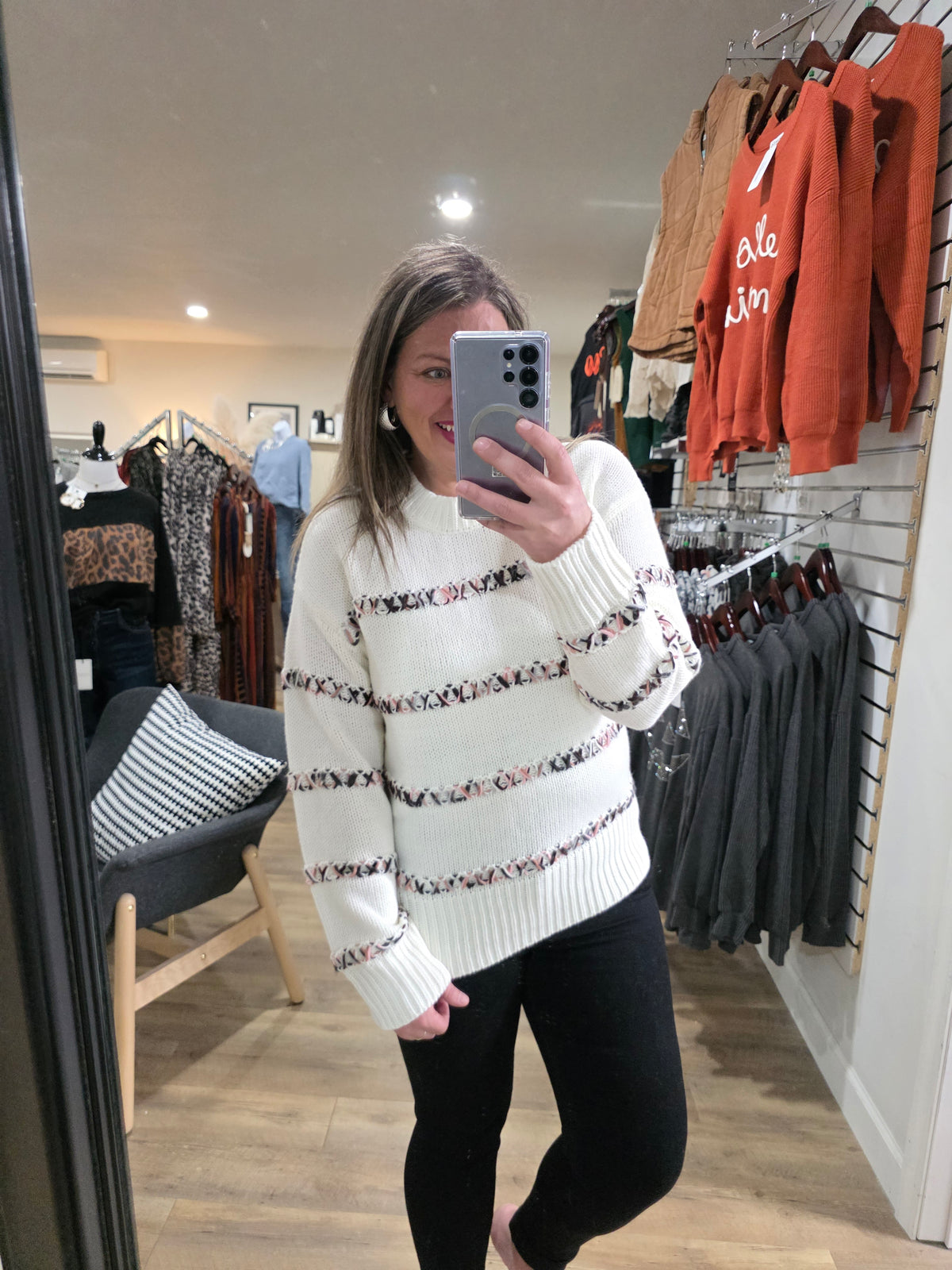 IVORY MULTI COLOR STITCH PULLOVER SWEATER