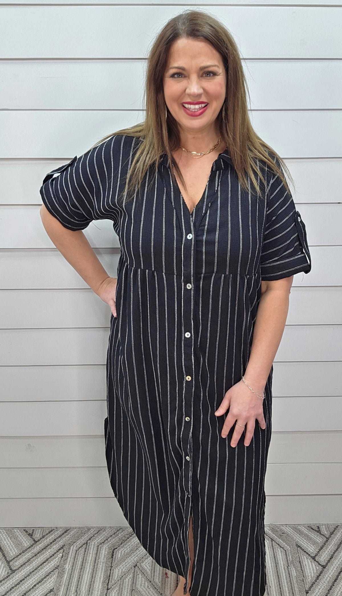 BLACK PIN STRIPE BUTTON DOWN SHIFT DRESS
