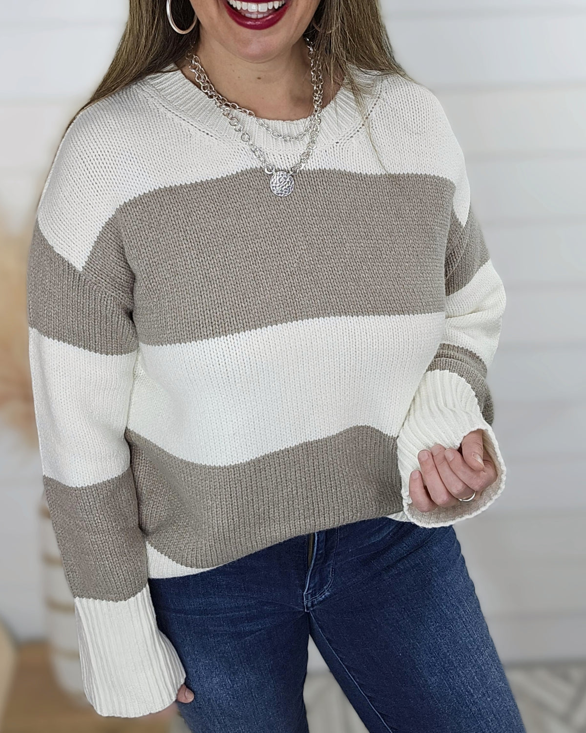 TAUPE COLORBLOCK LOOSE PULLOVER SWEATER