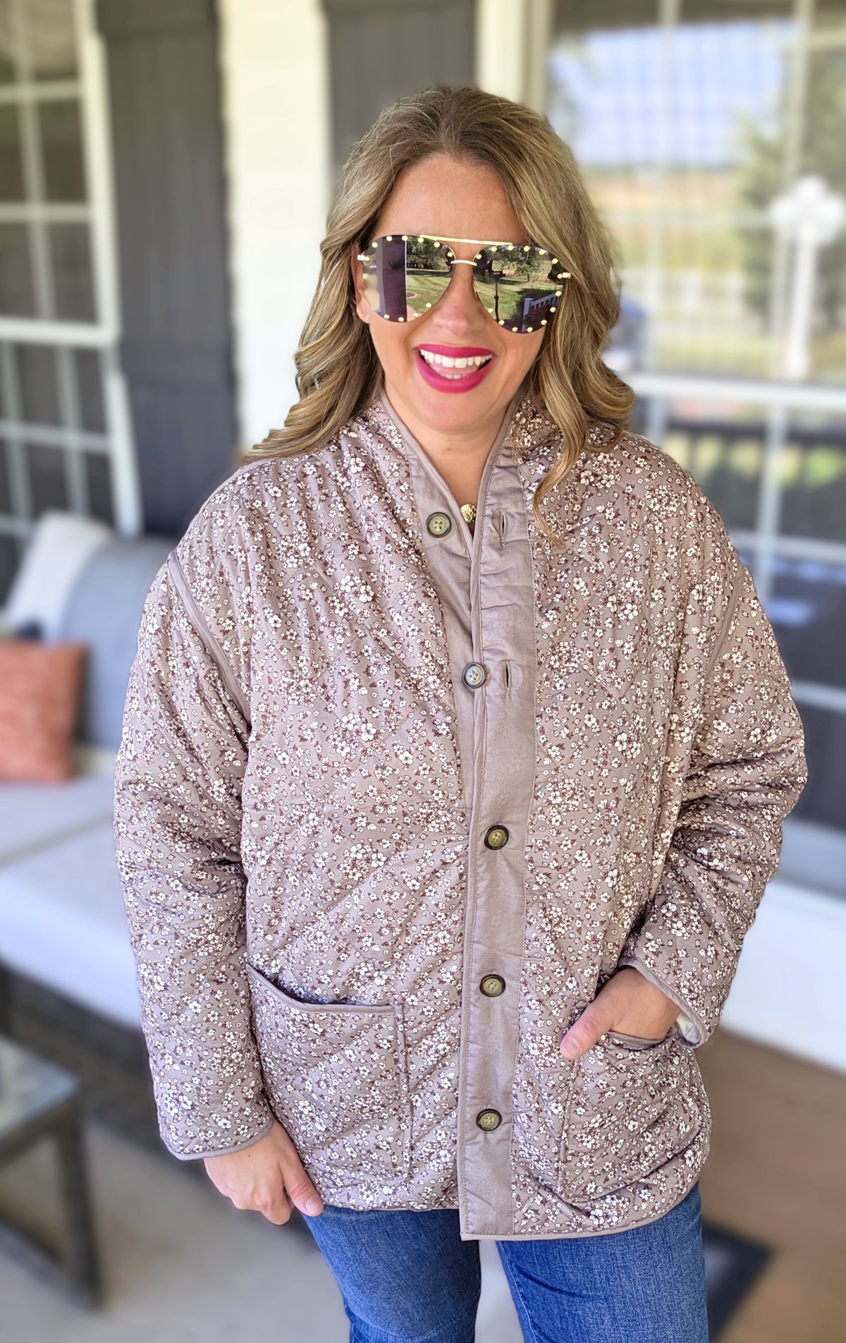 KARENT HART TAUPE REVERSIBLE FLORAL/KHAKI QUILTED JACKET