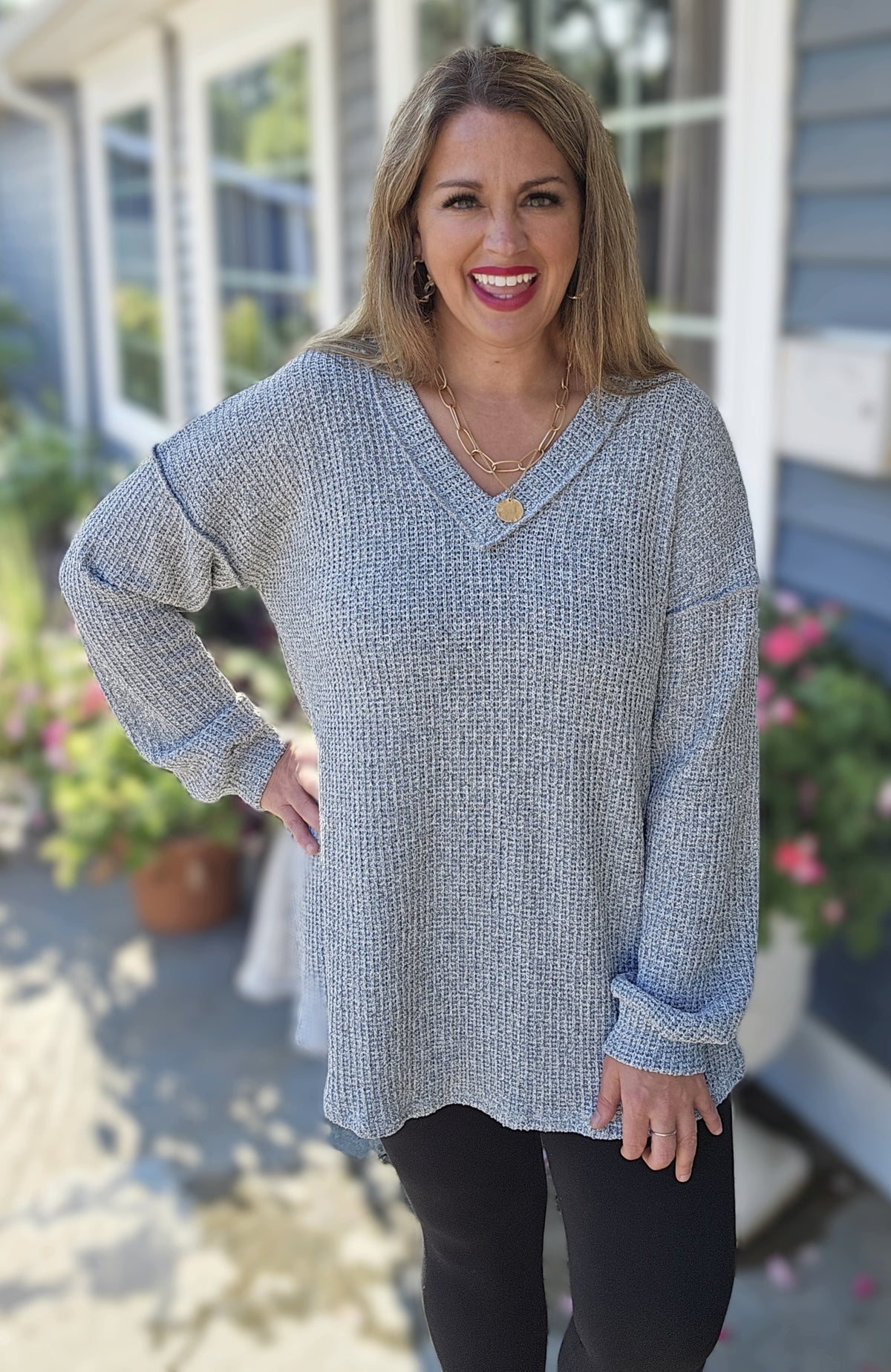 GREY LOOSE KNIT V NECK OVERSIZED LONG SLEEVE LIGHT SWEATER