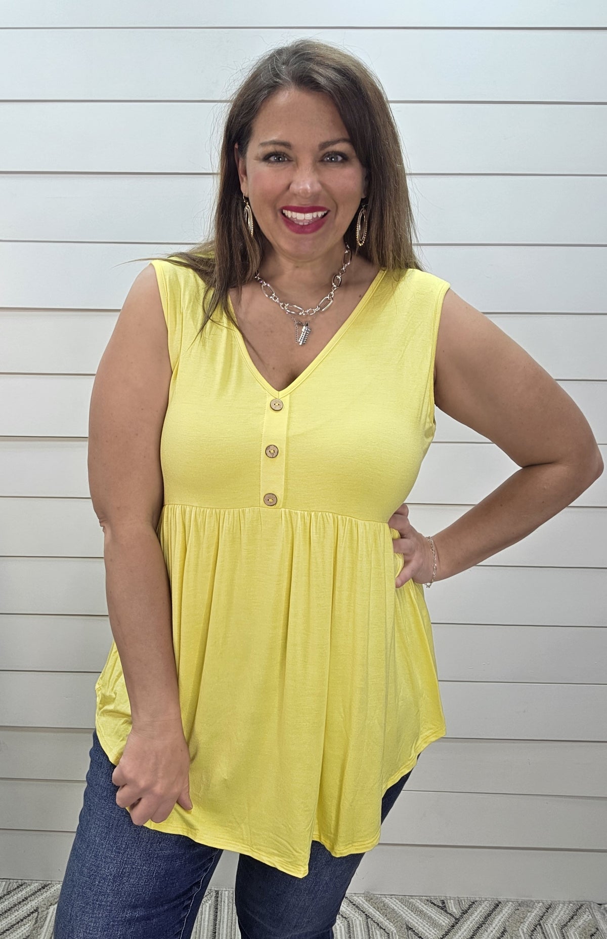 YELLOW BABYDOLL FAUX BUTTON KNIT TANK