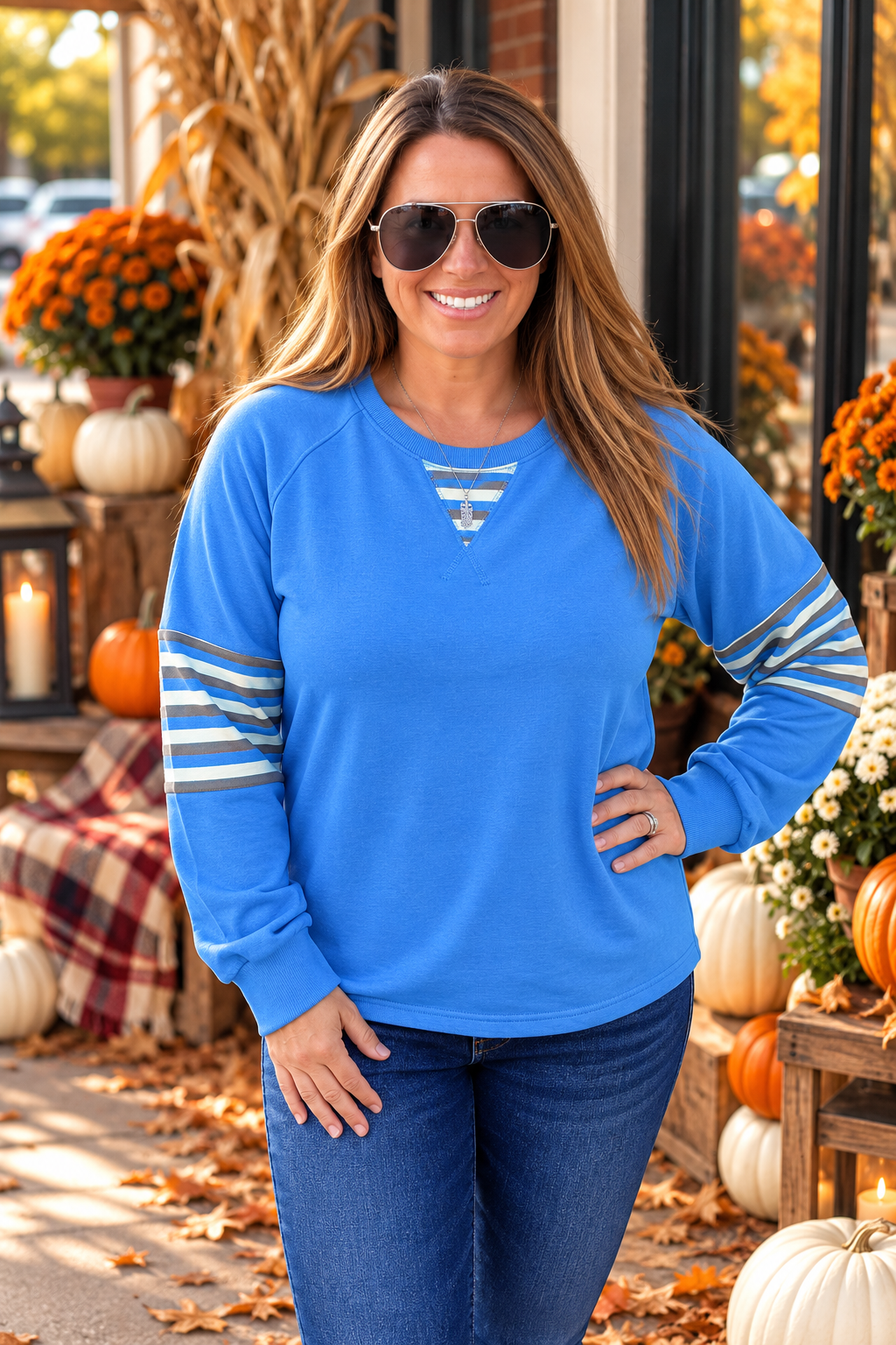 Denim Blue Crew Neck Raglan Sleeve Terry Mixed Stripe Top