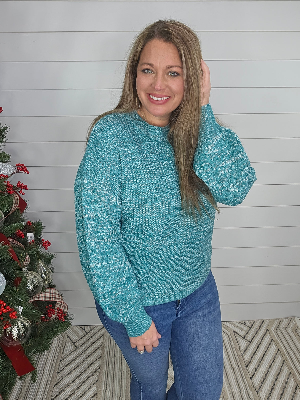 SEA GREEN CABLE KNIT DROP SHOULDER SWEATER