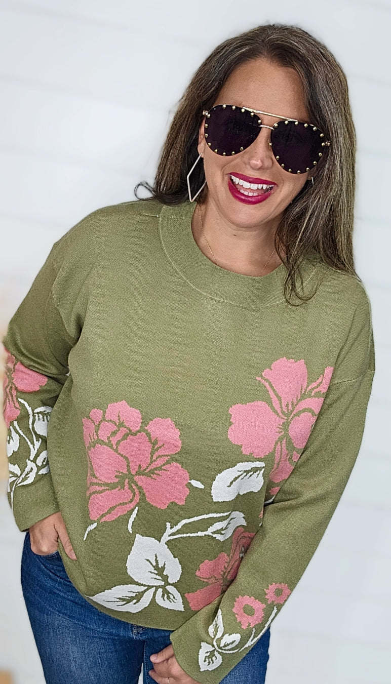 OLIVE/PINK LARGE FLORAL PULLOVER CREW NECK SWEATER