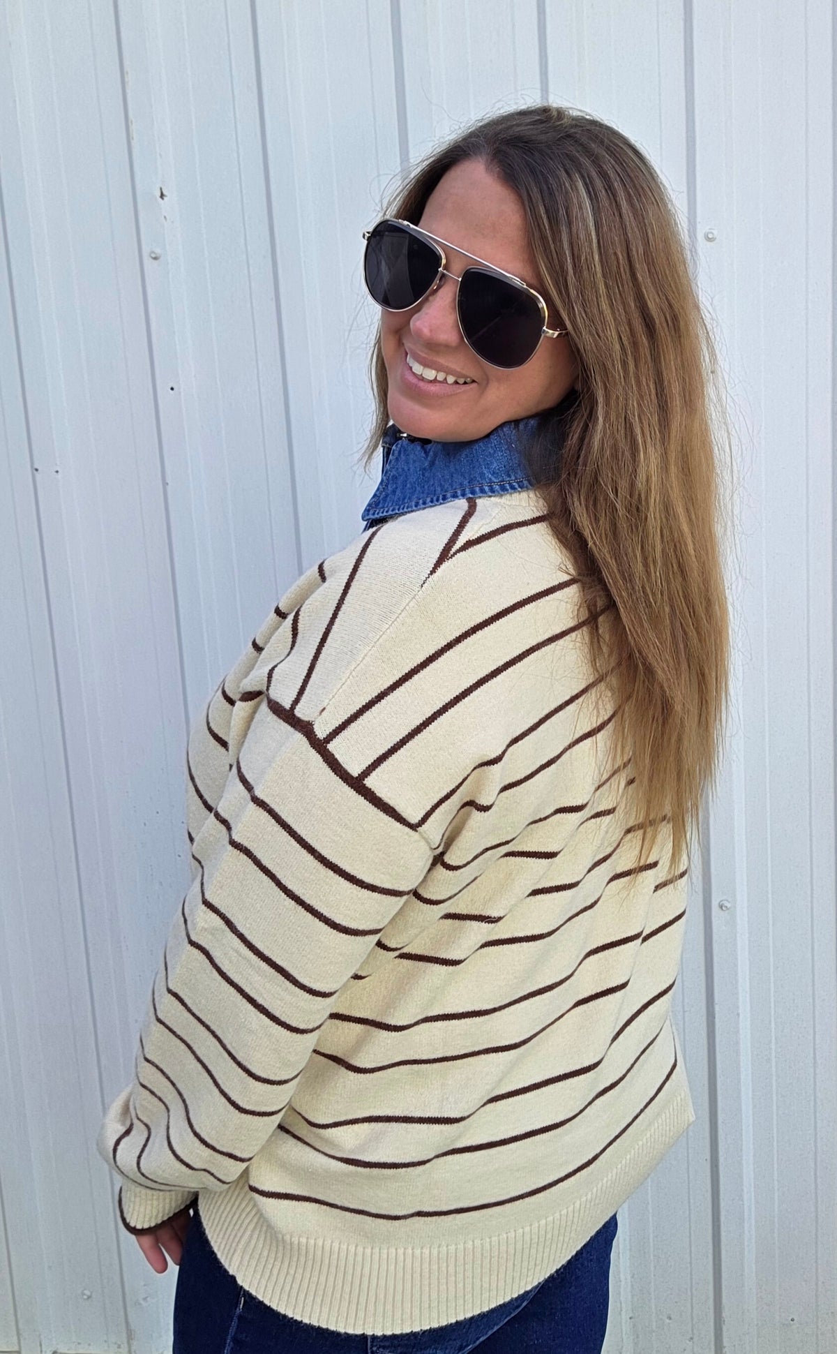 Oatmeal Denim Collar Striped Long Sleeve Sweater
