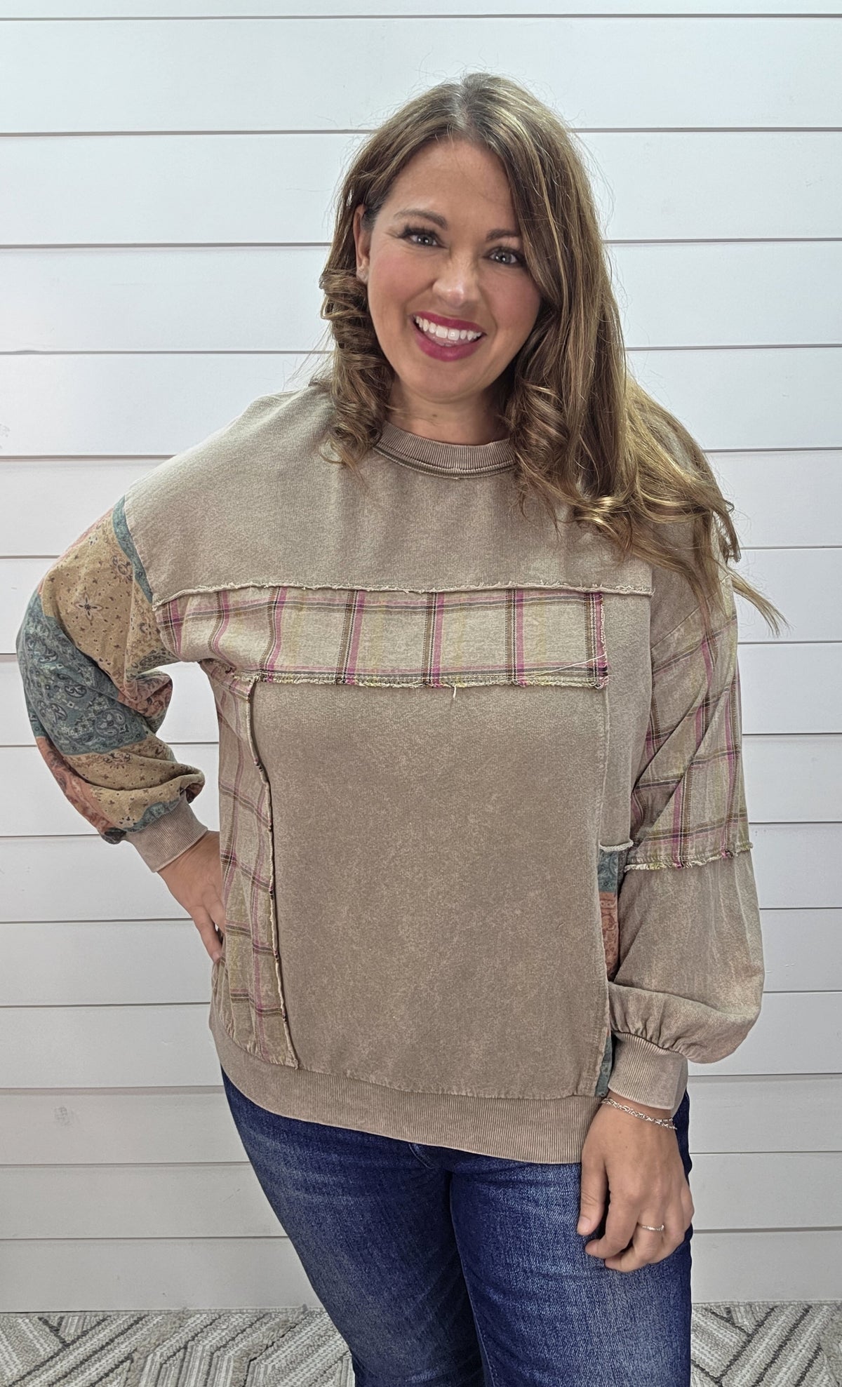 DK TAUPE Mineral washed Plaid And Bandana Print Sweatshirt Pullover