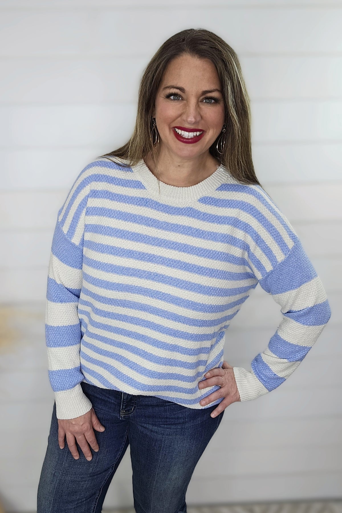 CHAMBRAY TEXTURED MULTI STRIPE LONG SLEEVE CREW NECK SWEATER