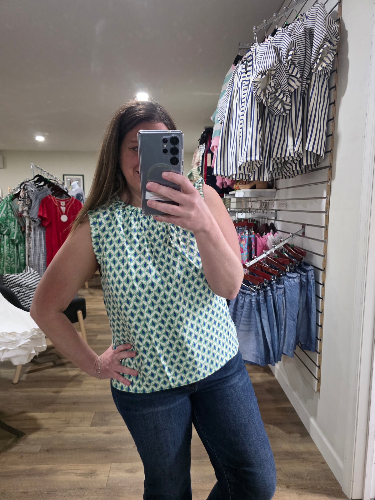 GREEN/NAVY HIGH NECK WOVEN SLEEVELESS TOP
