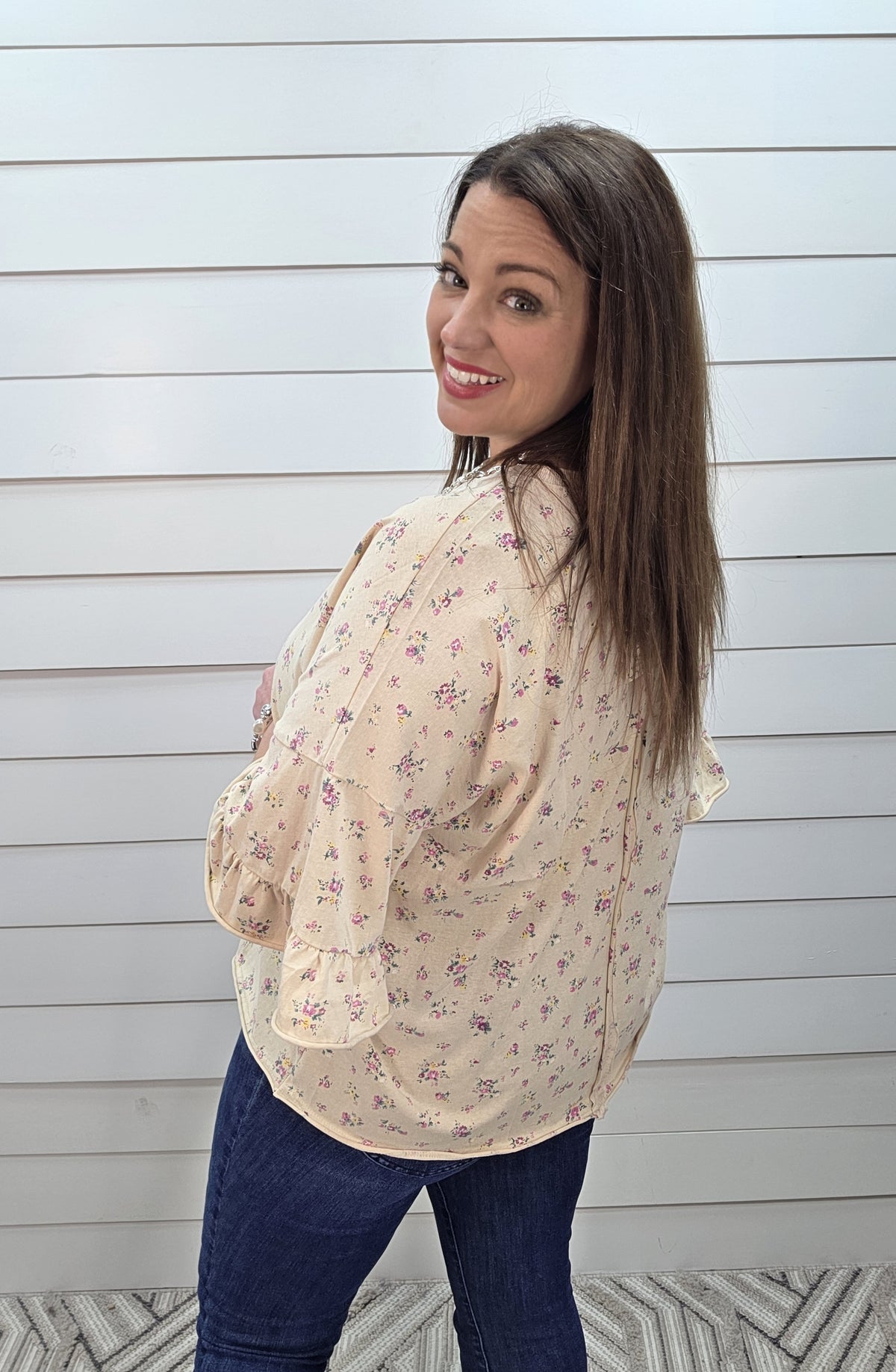 TAN FLORAL OVERSIZED COTTON BLEND TOP W/ RUFFLE TIERED SLEEVES