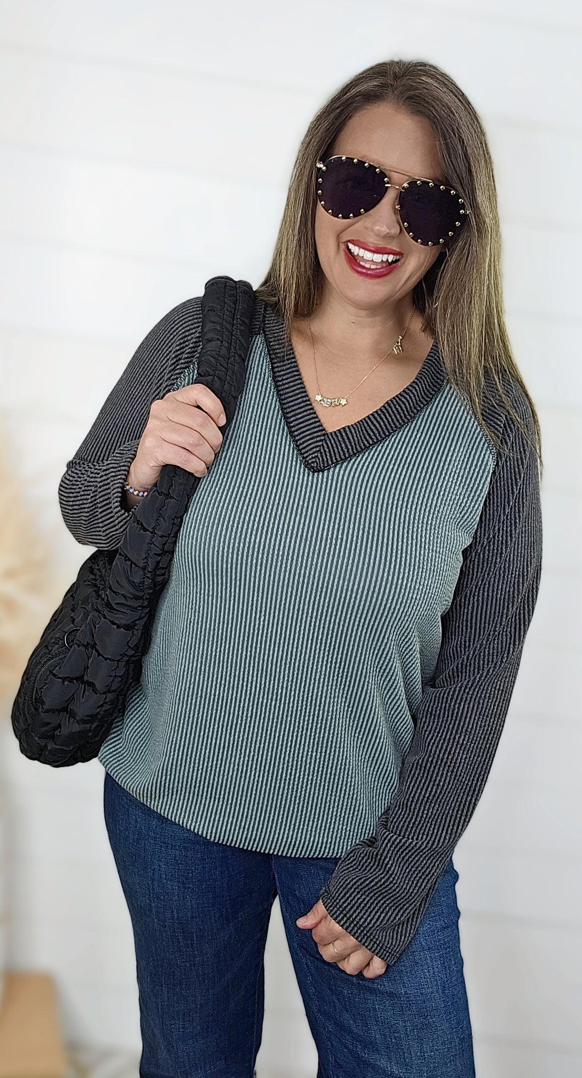 VINTAGE OLIVE/CHARCOAL RAISED RIBBED LONG SLEEVE TOP