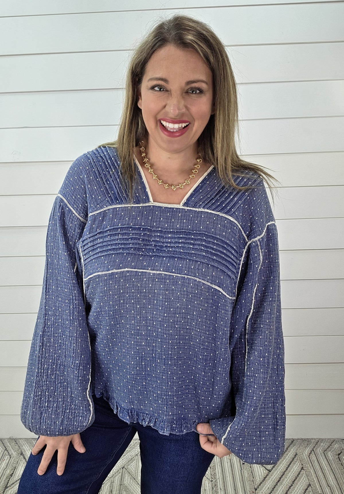 NAVY DOLMAN DOT OVERSIZED TOP