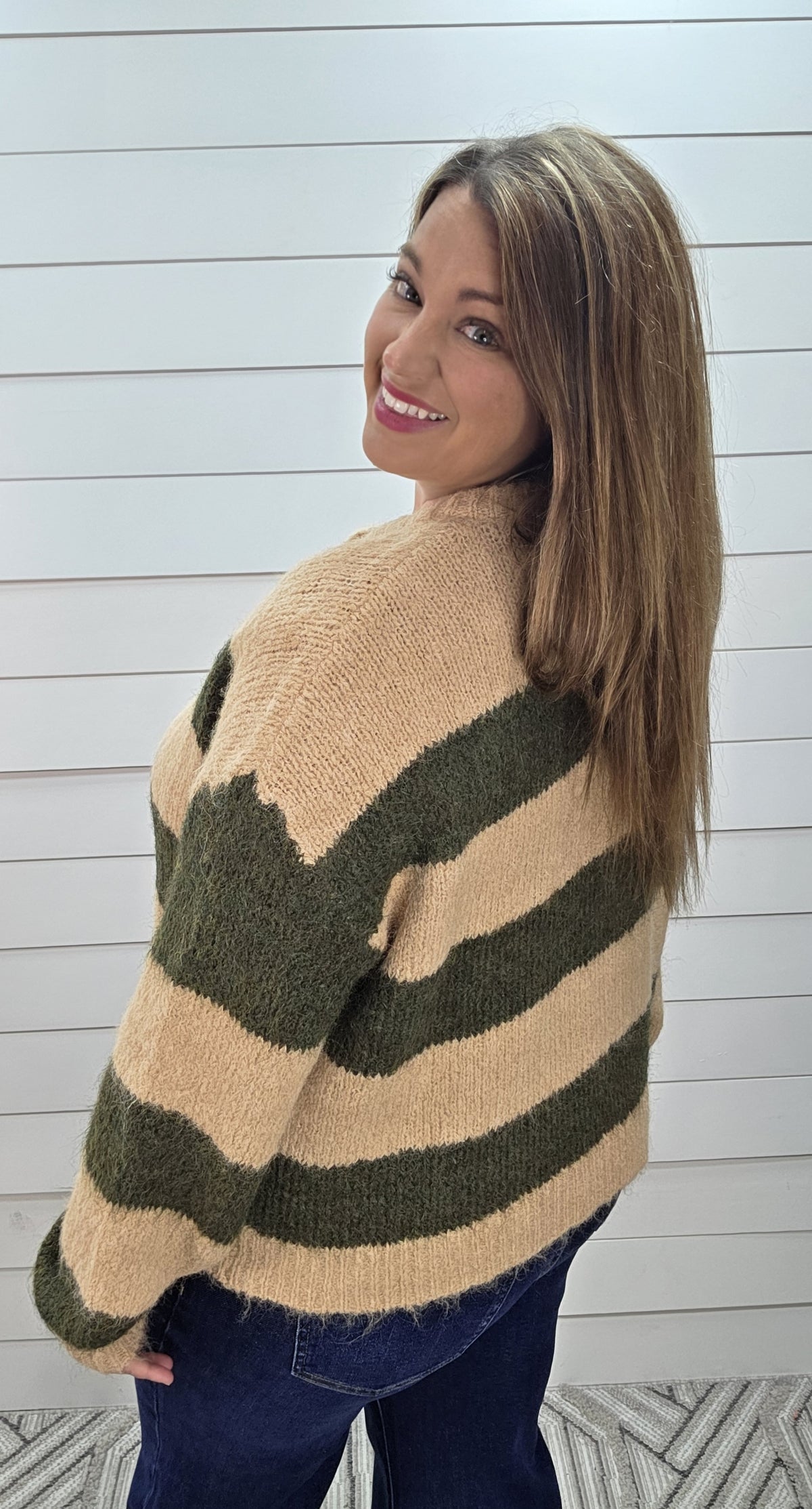SAND/OLIVE WIDE STRIPED FUZZY BUTTON CARDIGAN