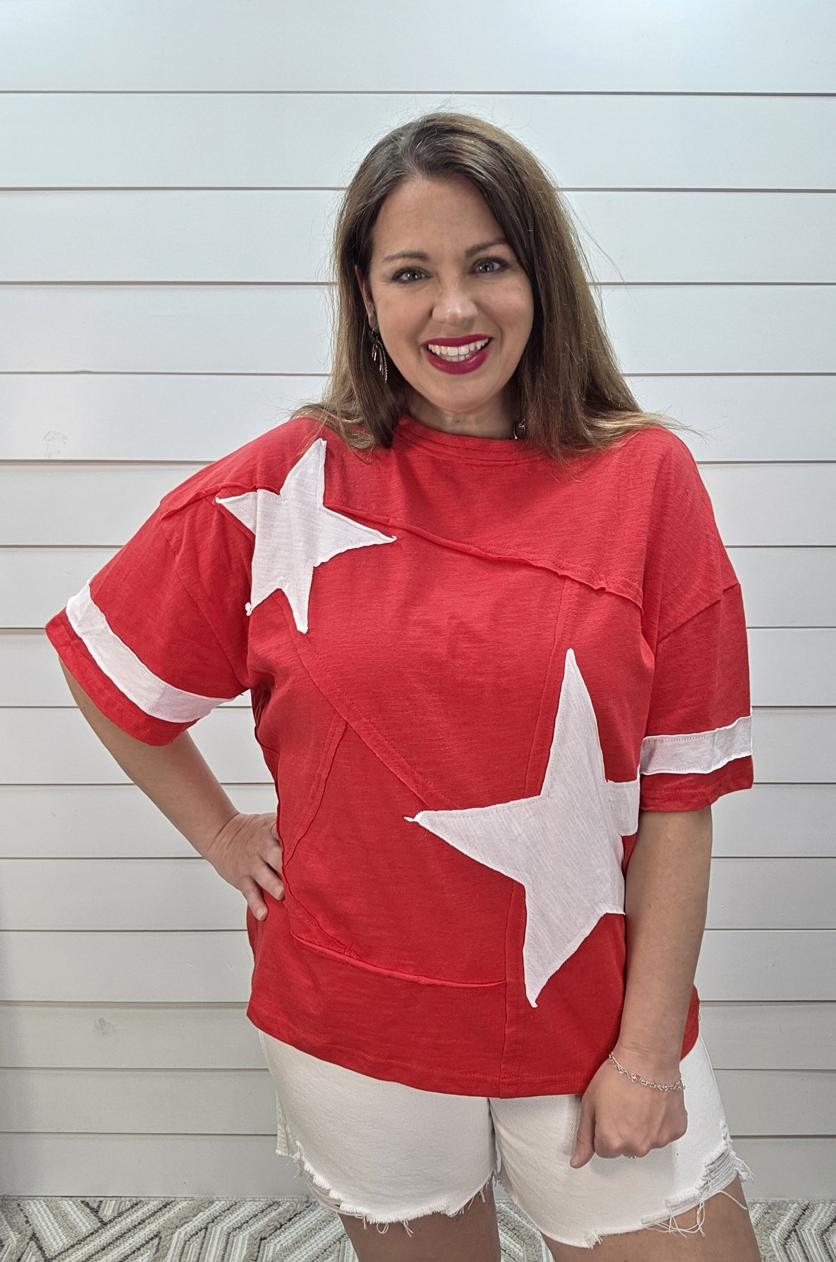 RED STAR PATCHWORK COTTON BLEND SLUB KNIT TOP