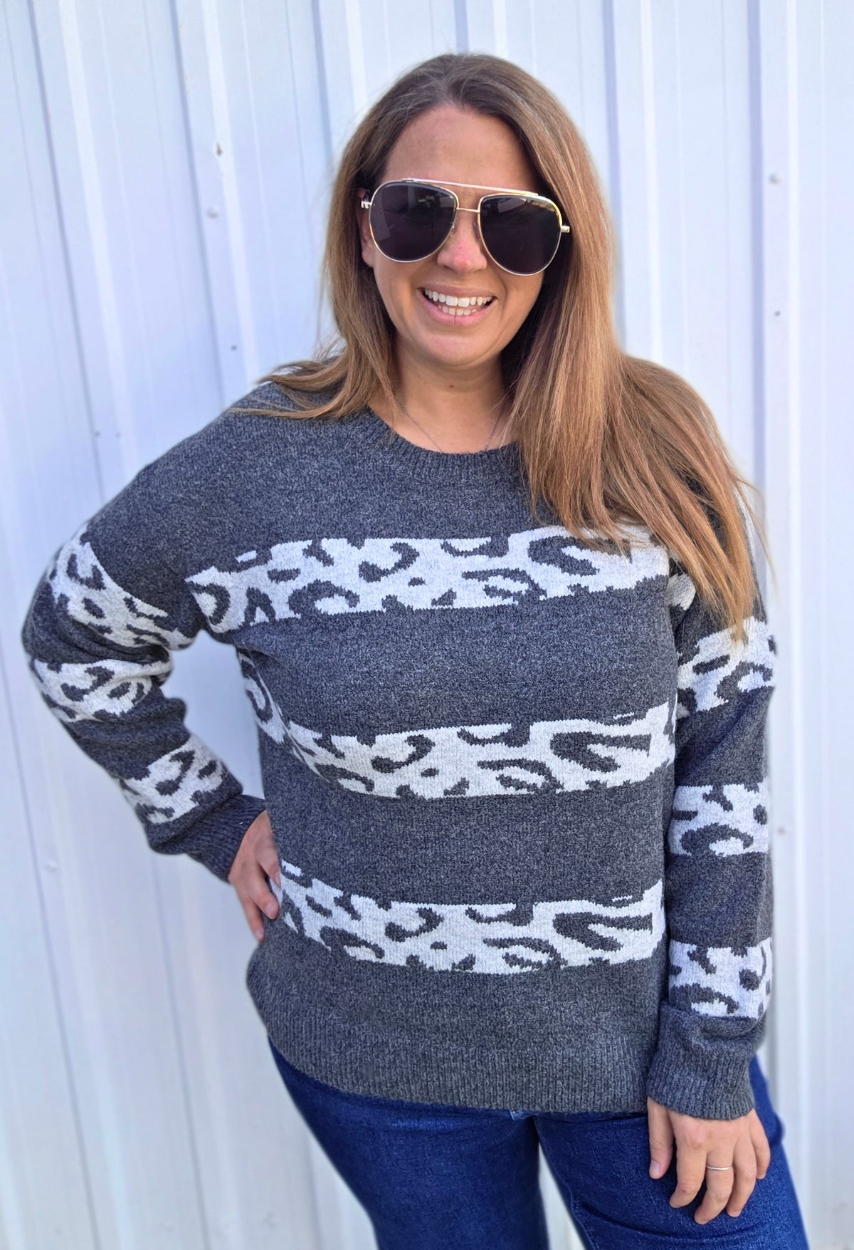 Charcoal Leopard Color Block Crew Neck Pullover Sweater