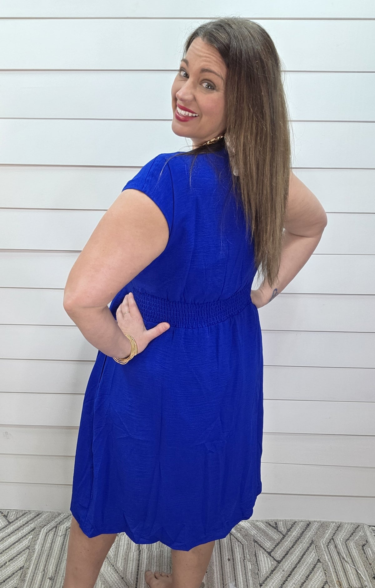 ROYAL BLUE V NECK PLEATED SMOCKED WAISTED CAP SLEEVE DRESS