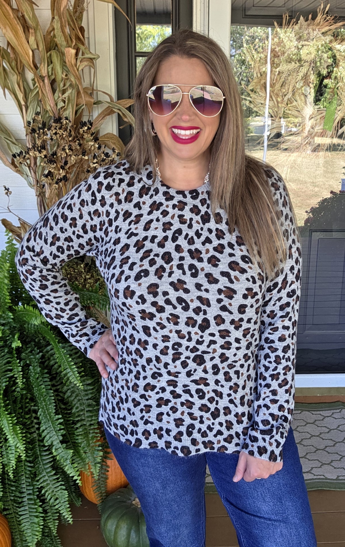 GREY LEOPARD PULLOVER LIGHT WEIGHT SWEATER