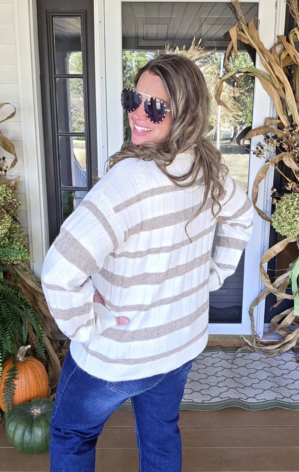 CREAM/TAUPE STRIPED MOCK NECK PULLOVER SWEATER