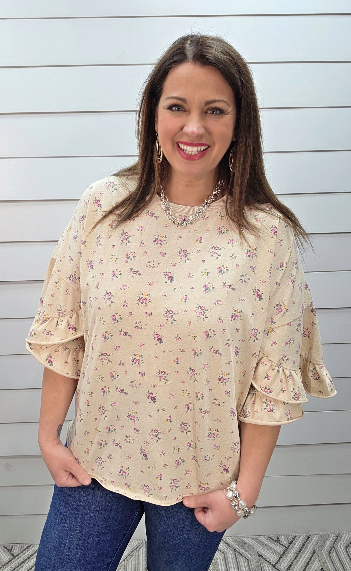 TAN FLORAL OVERSIZED COTTON BLEND TOP W/ RUFFLE TIERED SLEEVES