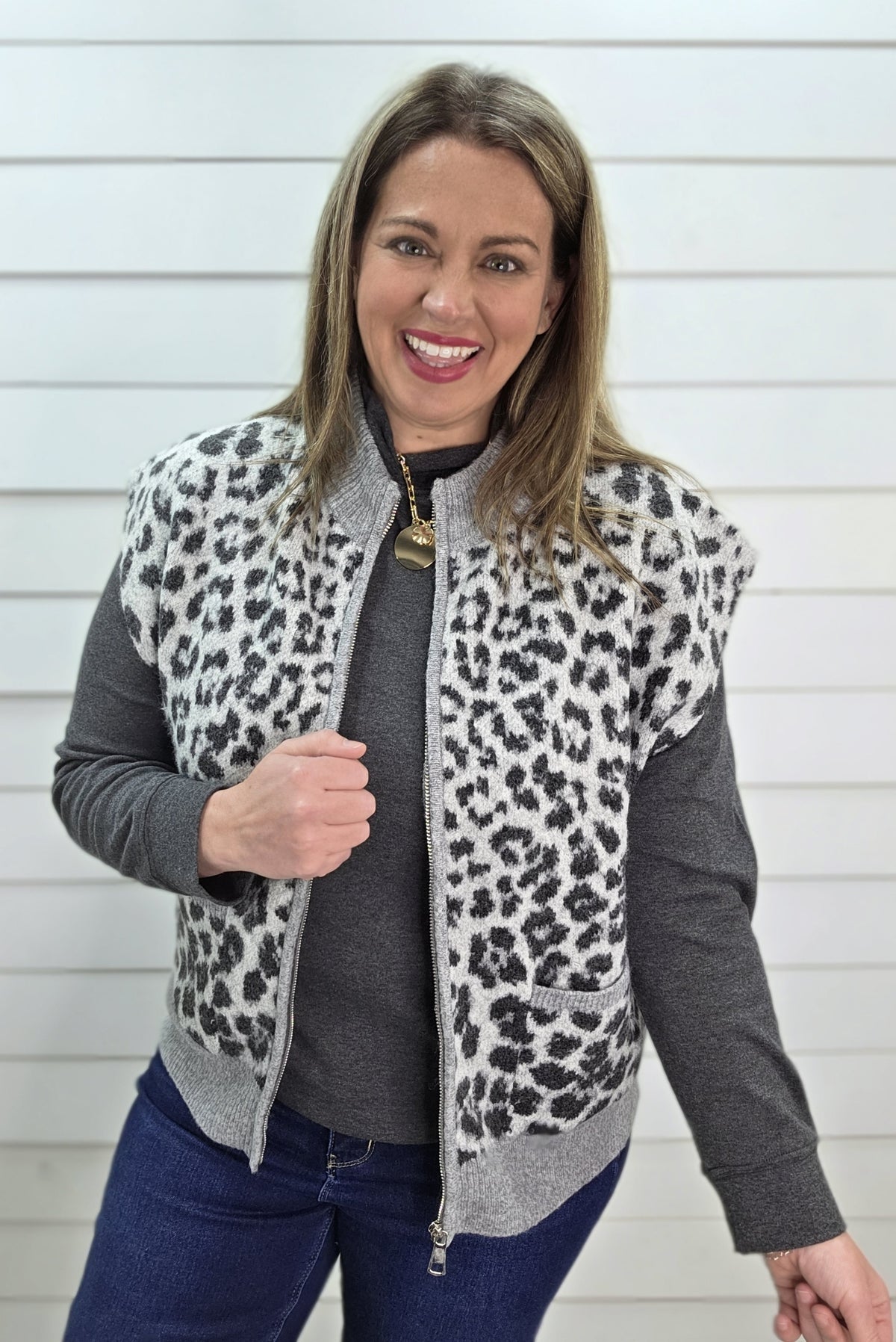 GREY/BLACK LEOPARD ZIP UP SWEATER VEST
