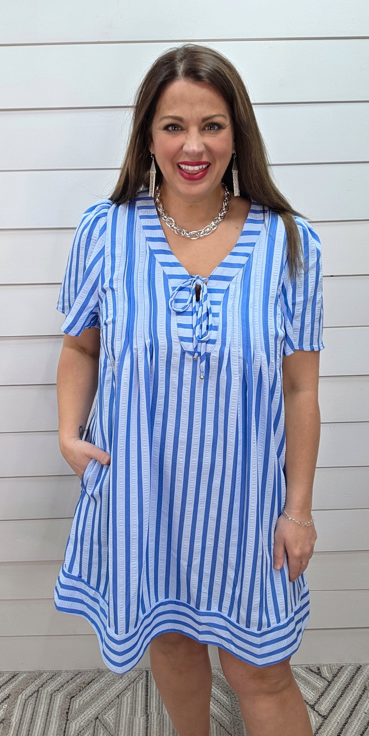 BLUE VERTICAL STRIPED PEASANT TIE DRESS W/ POCKETS