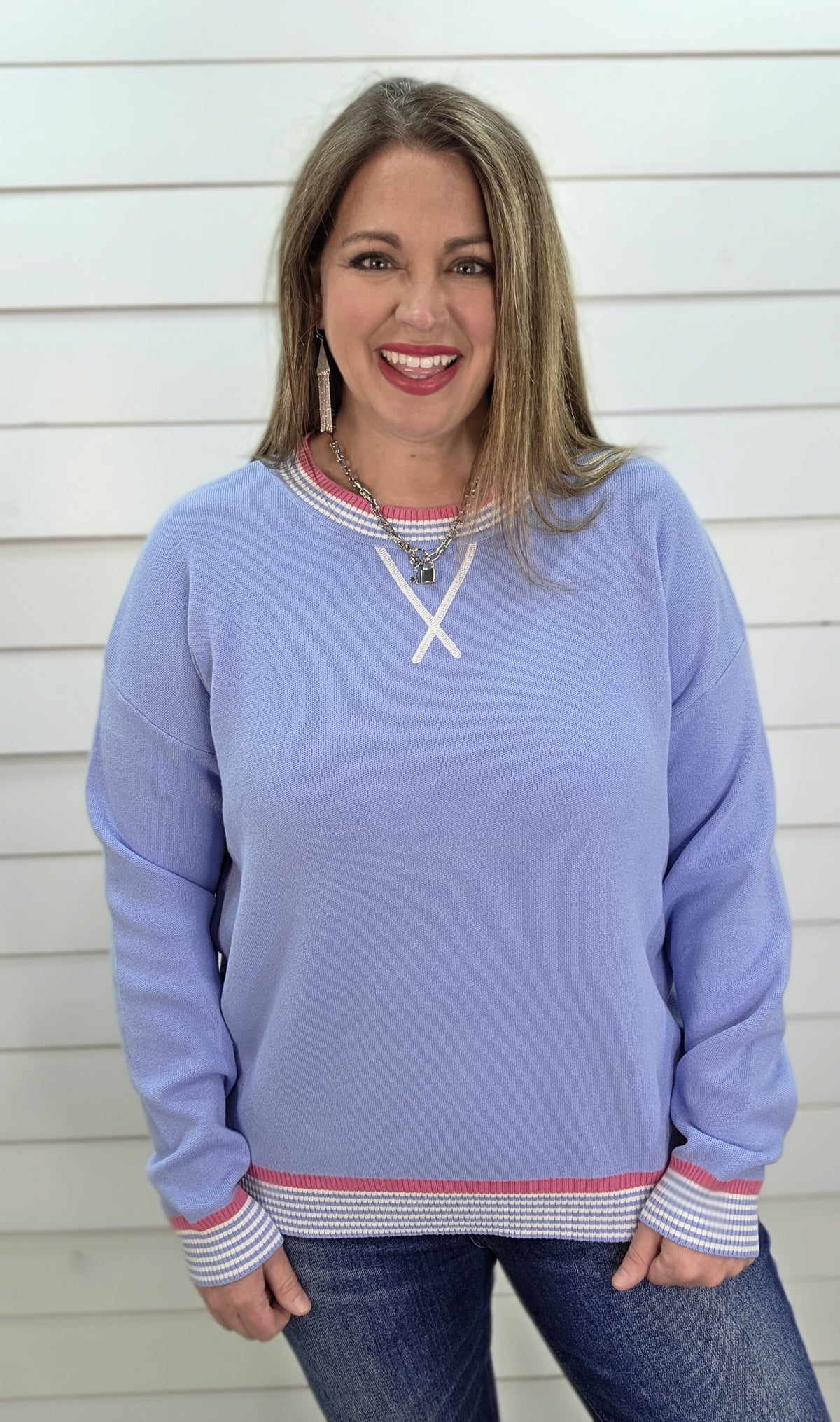 LT BLUE/PINK CONTAST CREW NECK PULLOVER SWEATER