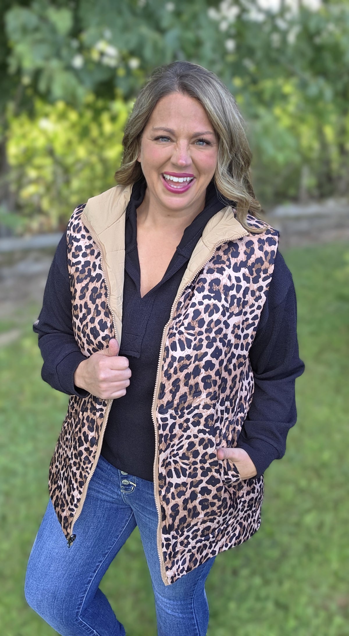 KHAKI AND LEOPARD REVERSIBLE ZIP UP VEST