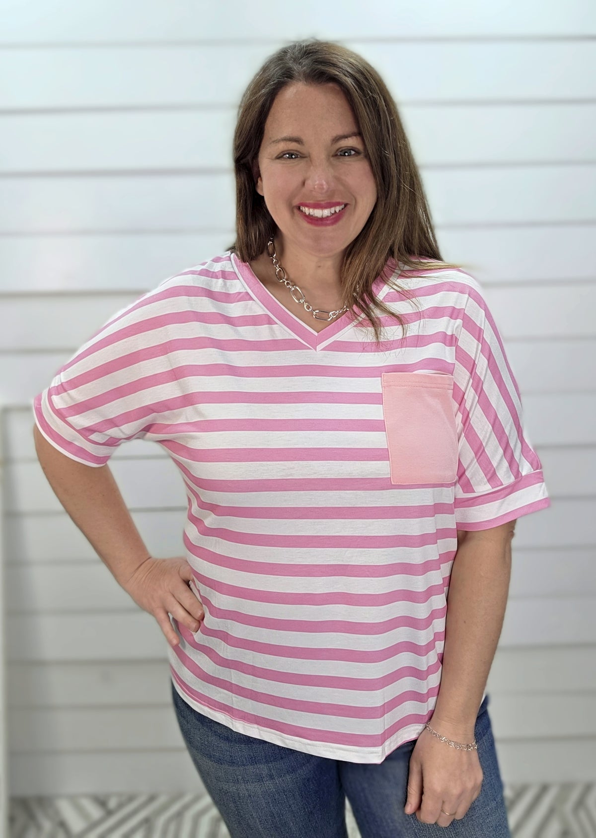 PINK STRIPED V NECK POCKET KNIT TOP