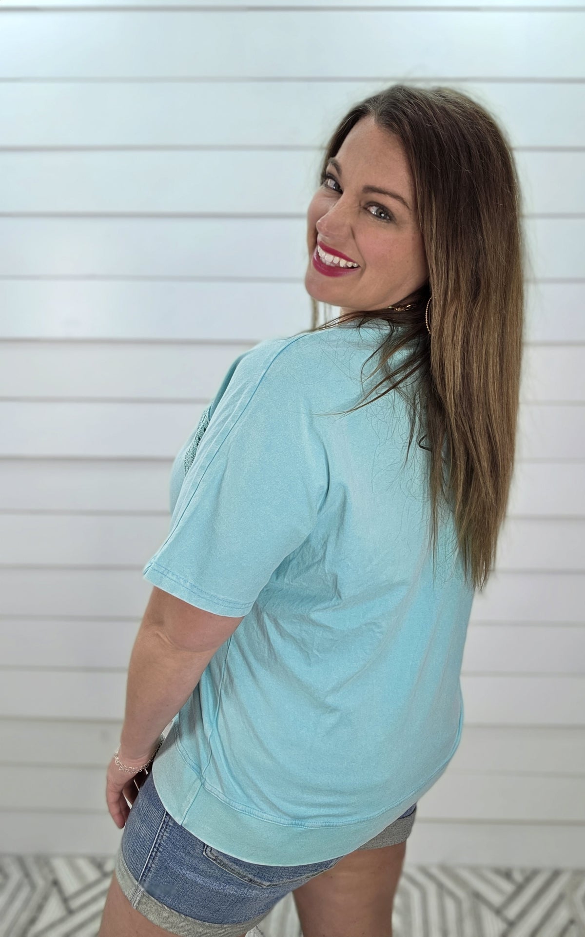 MINT MINERAL WASH LACE TRIM KNIT TOP