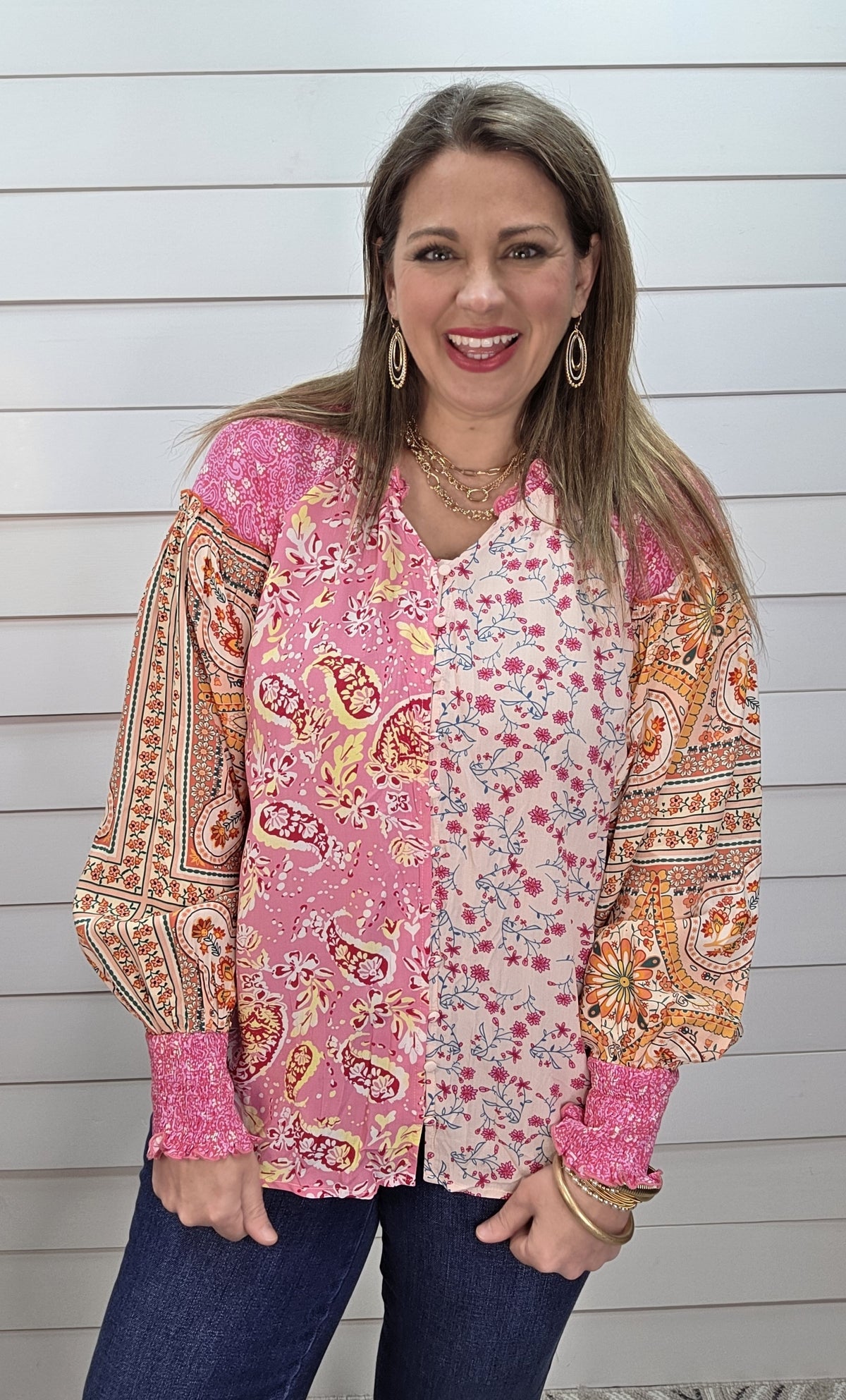 PINK MULTI CONTRAST BUTTON DOWN WOVEN TOP