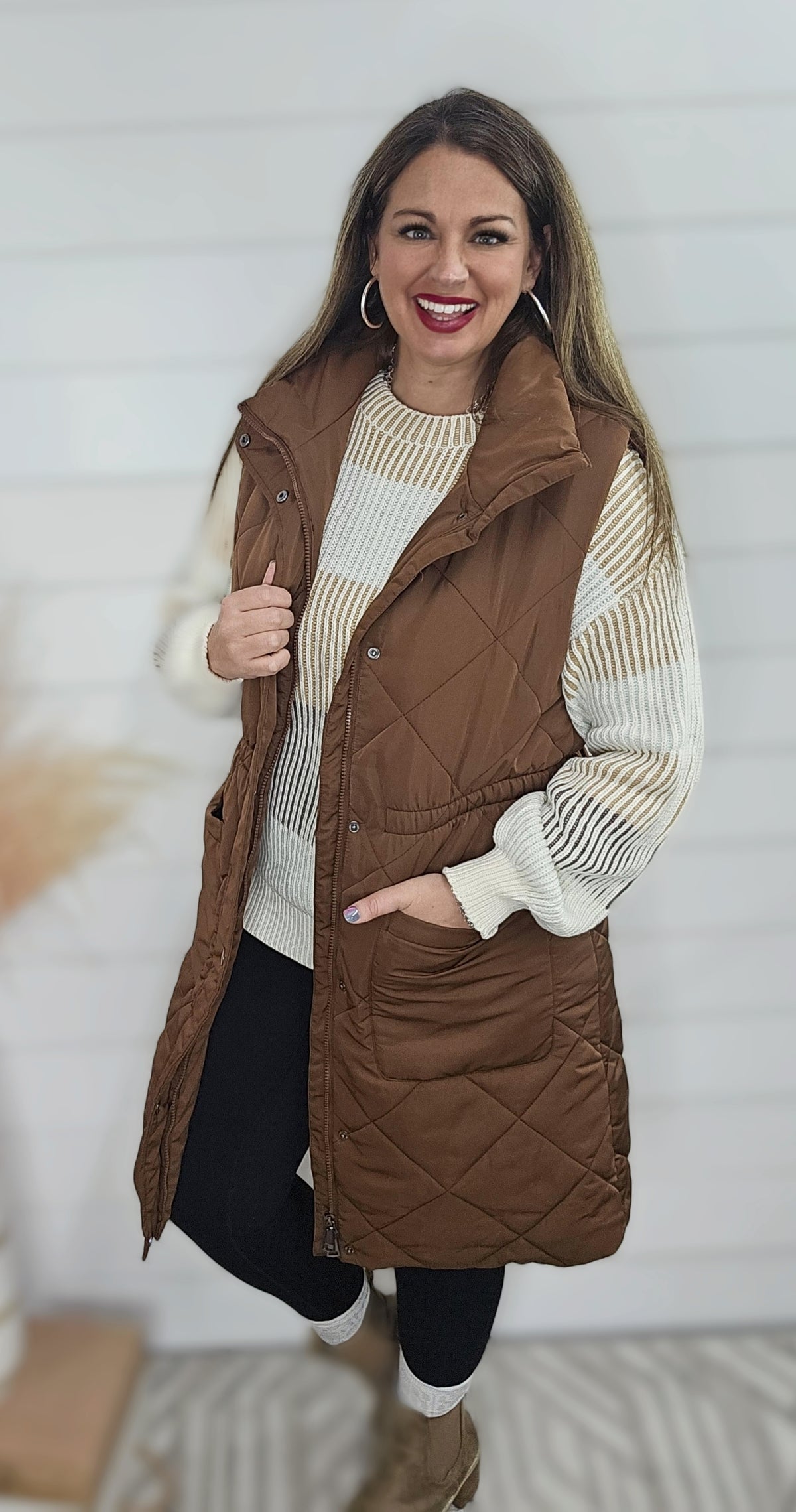 COFFEE QUILTED LONG PUFFER VEST