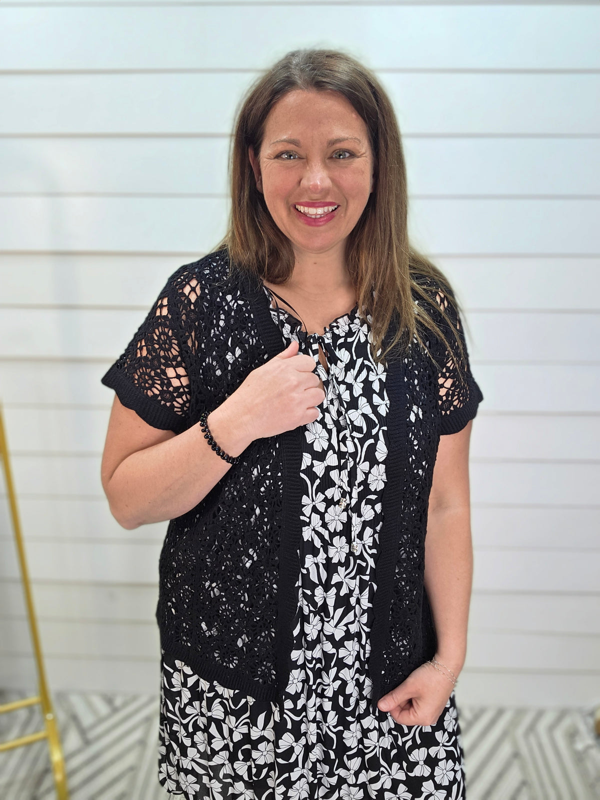 BLACK OPEN CROCHET SHORT SLEEVE CARDIGAN